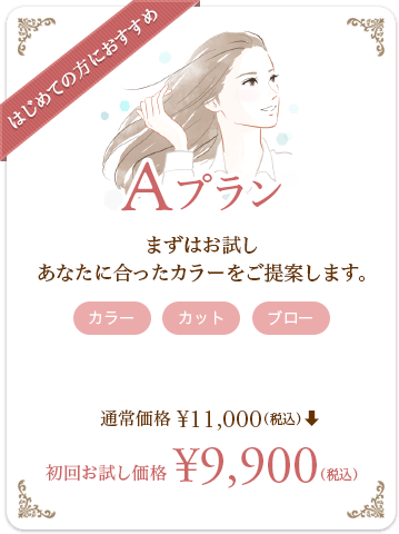 Aプラン - はじめての方におすすめ - まずはお試しあなたに合ったカラーをご提案します。