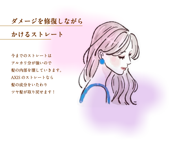 ダメージを修復しながらかけるストレート 今までのストレートはアルカリ分が強いので髪の内部を壊していきます。Axisのストレートなら髪の成分をいたわりツヤ髪が取り戻せます！