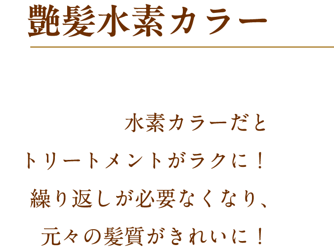 艶髪水素カラー 水素カラーだとトリートメントがいらない！繰り返しが必要なくなり、元々の髪質がきれいに！